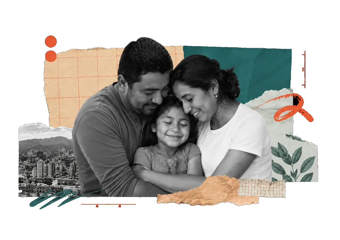 Familia venezolana abrazándose, collage de barrilete