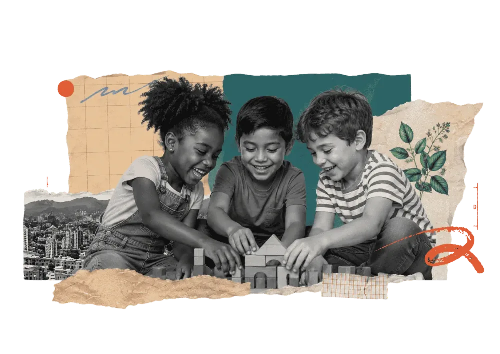 Tres niñas y niños jugando juntos con bloques, collage de barrilete